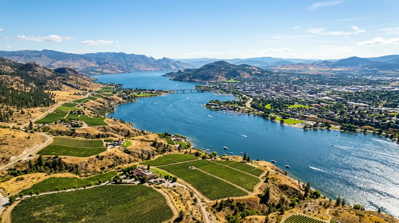 Map of British Columbia highlighting Kelowna and the Okanagan Valley.